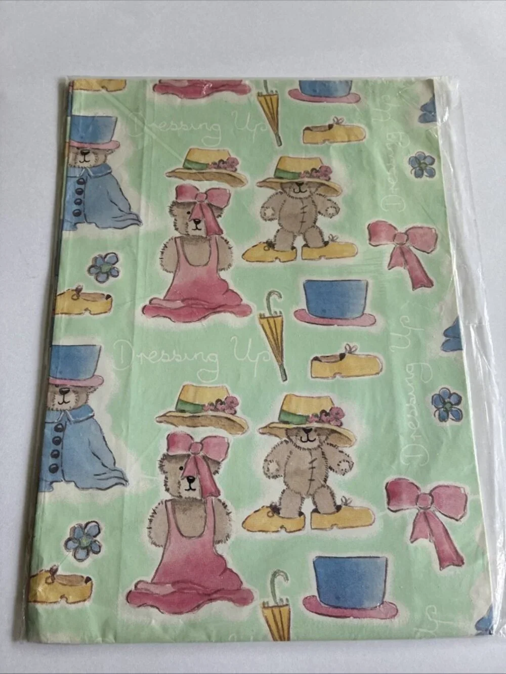 Vintage Teddy Bear Dressing Up Gift Wrap 2 Sheets Juvenile Wrapping Paper 20x30